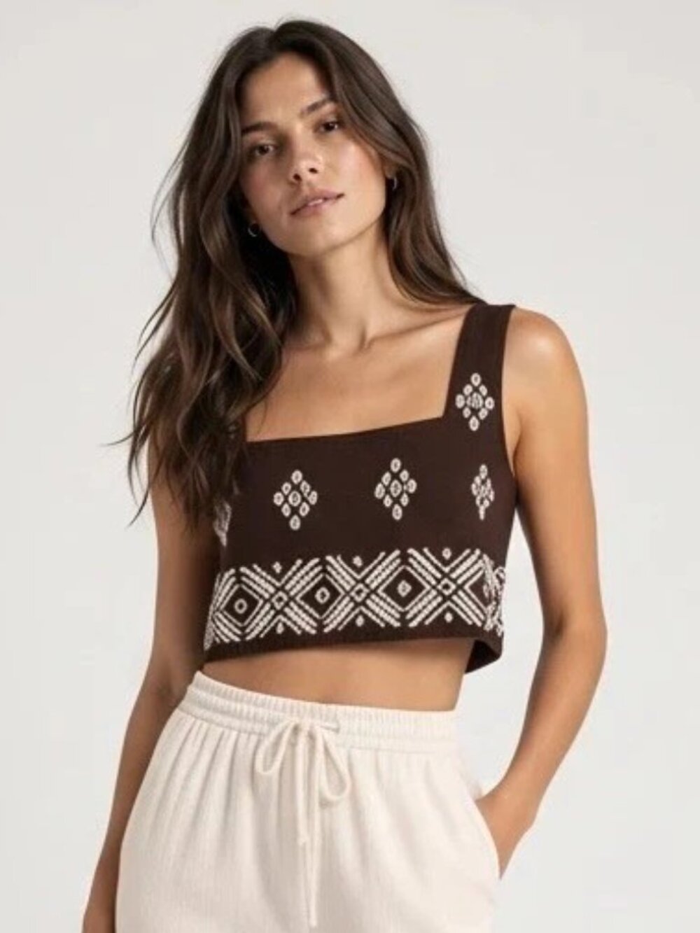 Calypso St. Barth Brown Embroidered Linen Blend Crop Top Sleeveless L Large